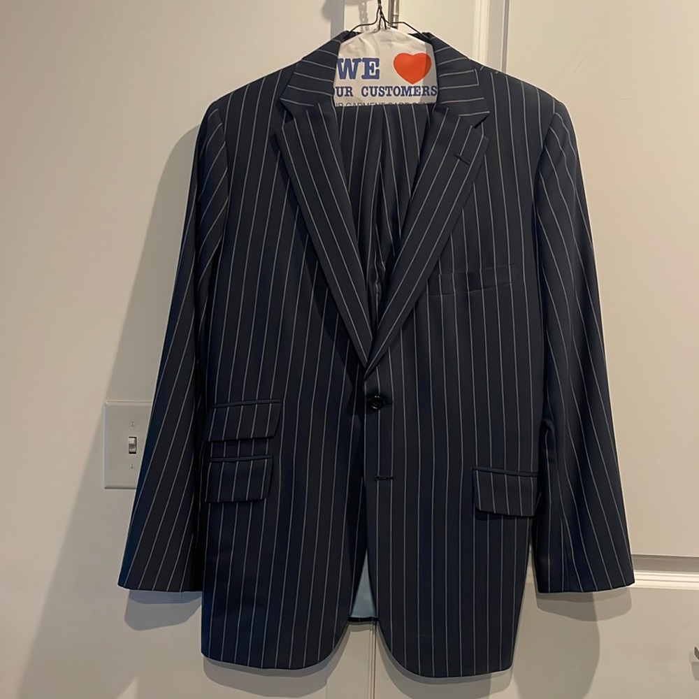 Custom Navy Pinstripe Tom James Suit 44 Jacket / 34 Pant
